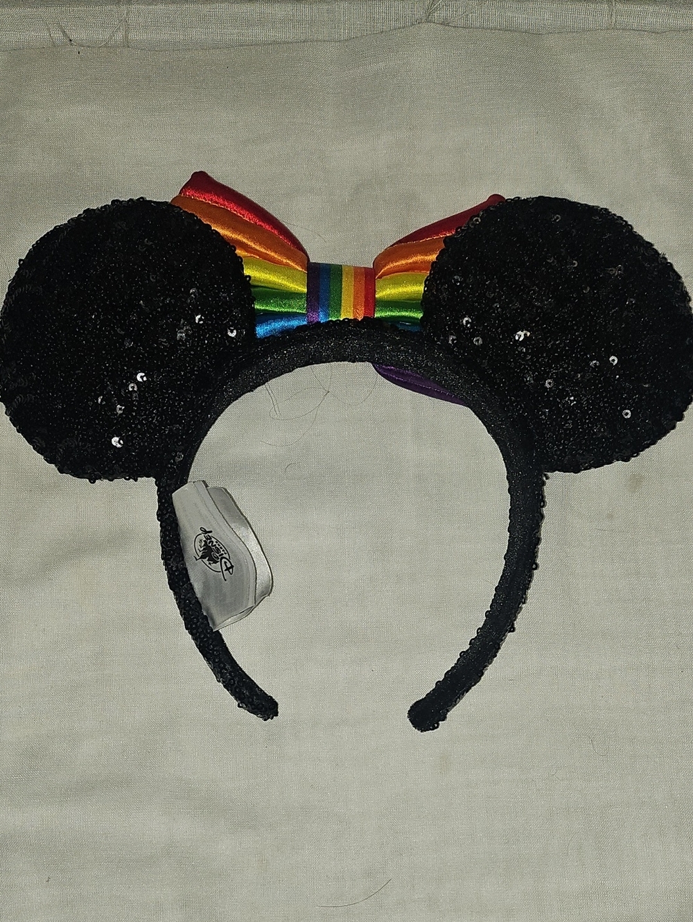 Disney Mickey Ear Headband with  Sequin ear & Rainbow Satin Bow - Picture 2 of 3